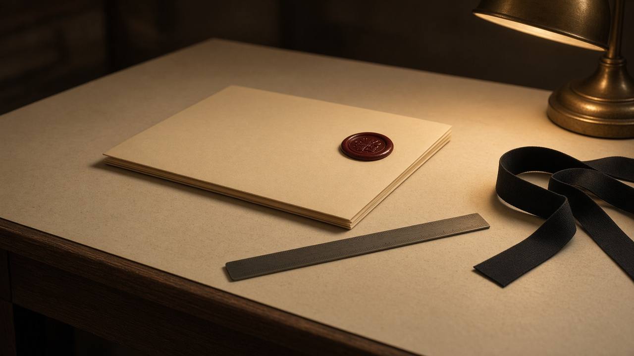 A closed folder and a wax seal on an empty archive table