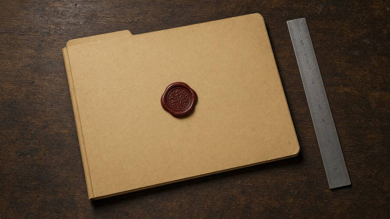 A closed case folder and a wax seal on a dark table