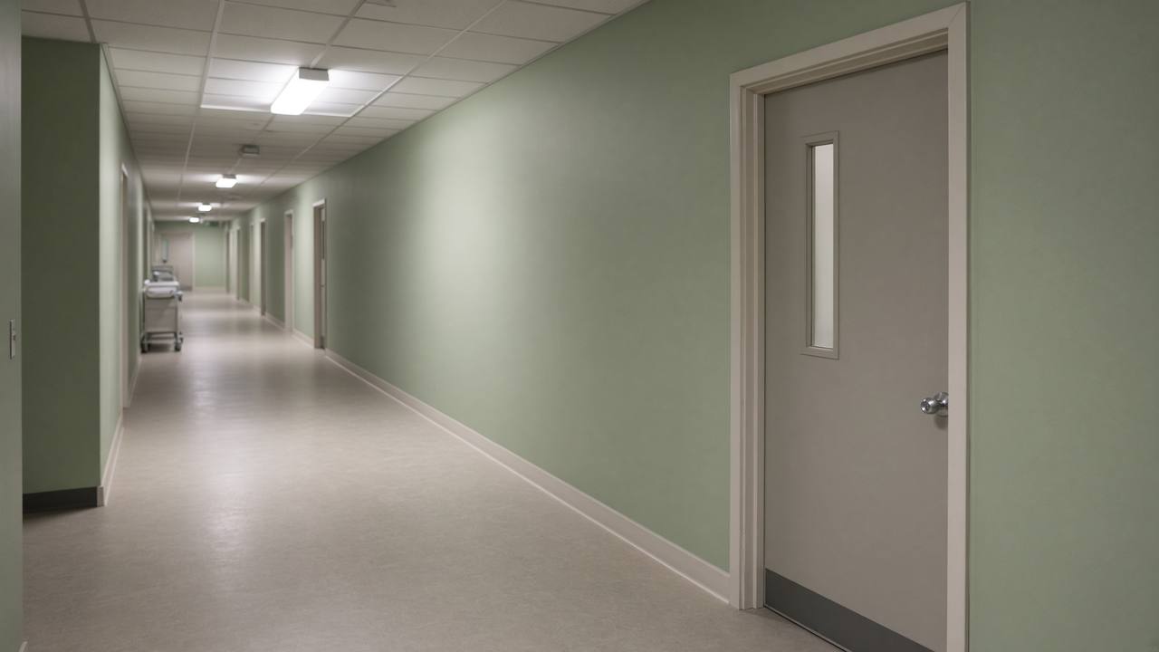 An empty clinic hallway with a closed door