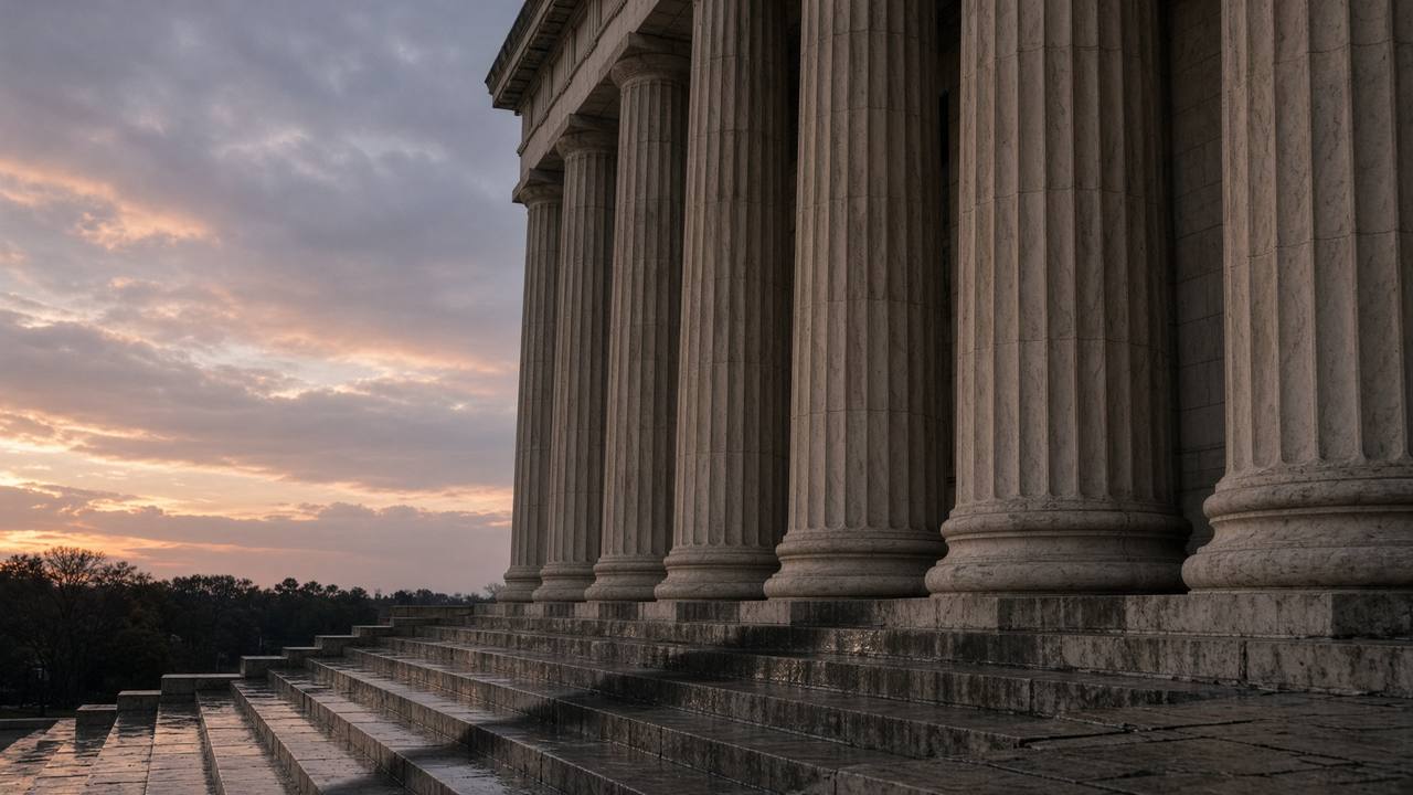 Stone columns and wet steps at dusk