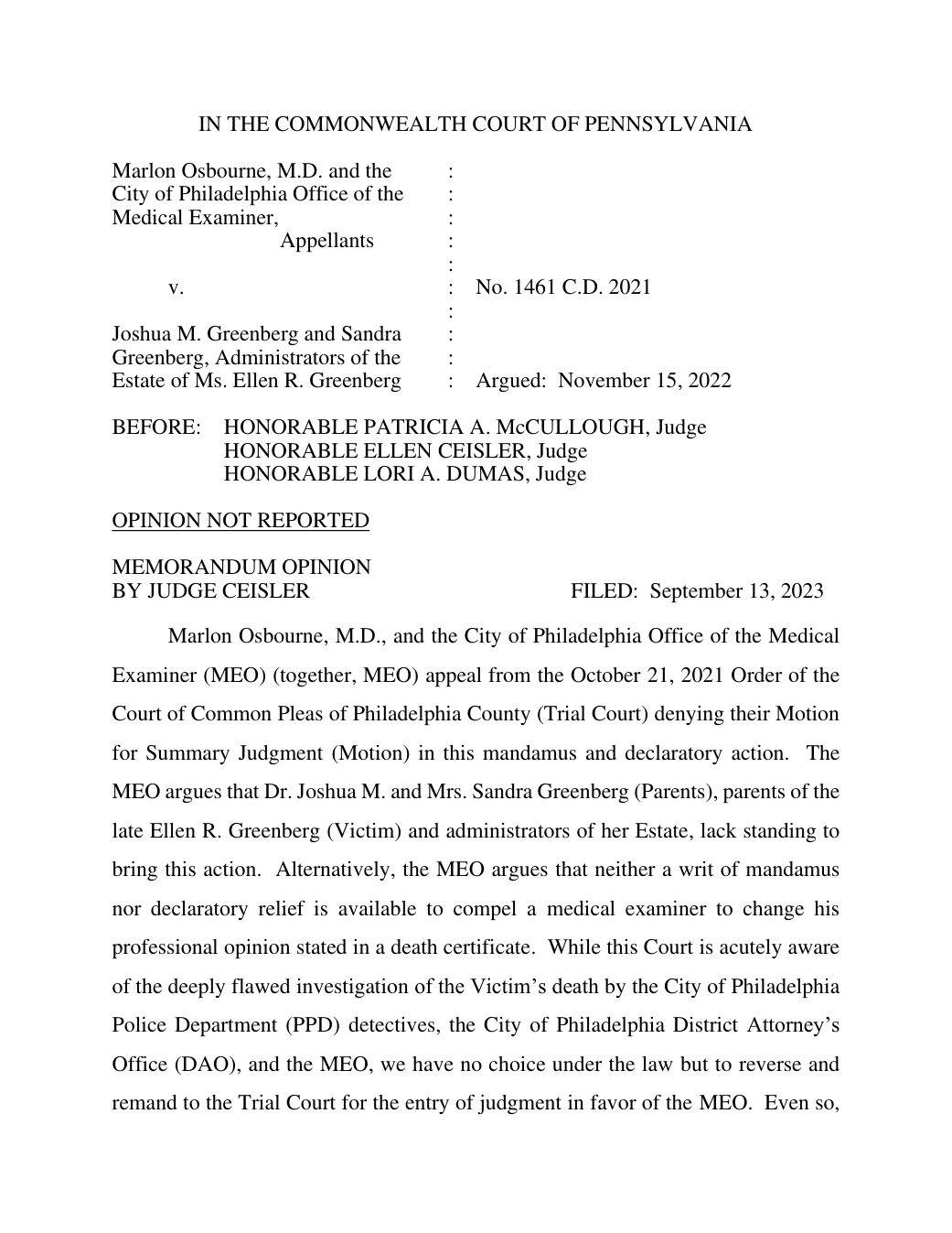 First page of the September 13, 2023 Commonwealth Court memorandum in Osbourne v. Greenberg.