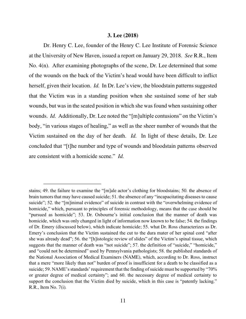 Page 11 of the memorandum, summarizing Henry Lee’s 2018 report.