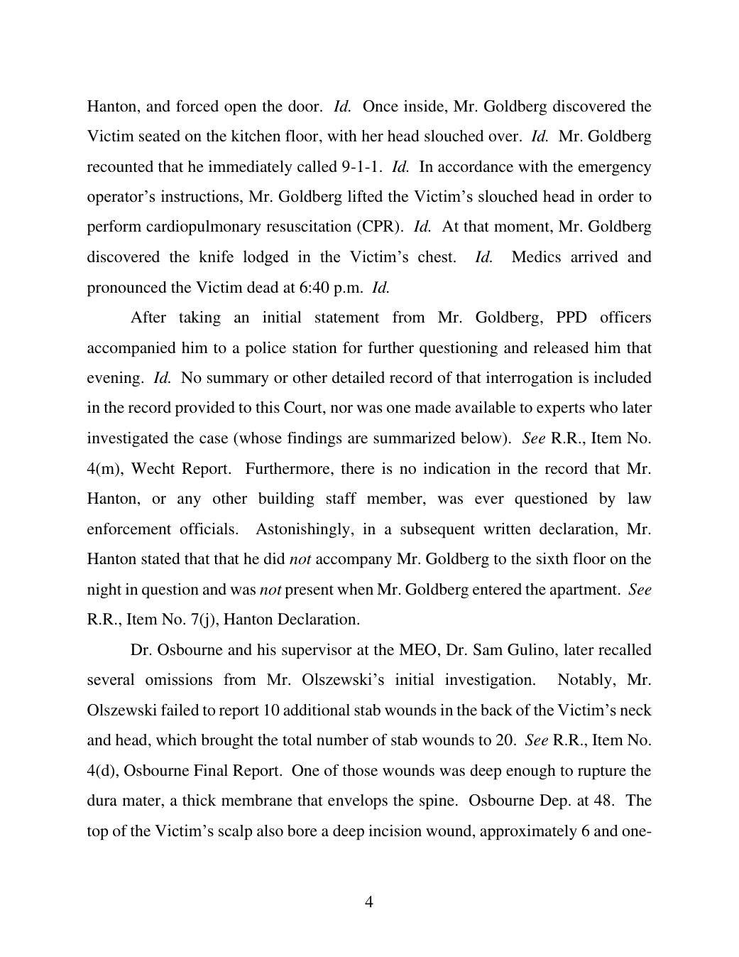Page 4 of the memorandum, reciting the door, the knife, and the security guard’s later declaration.