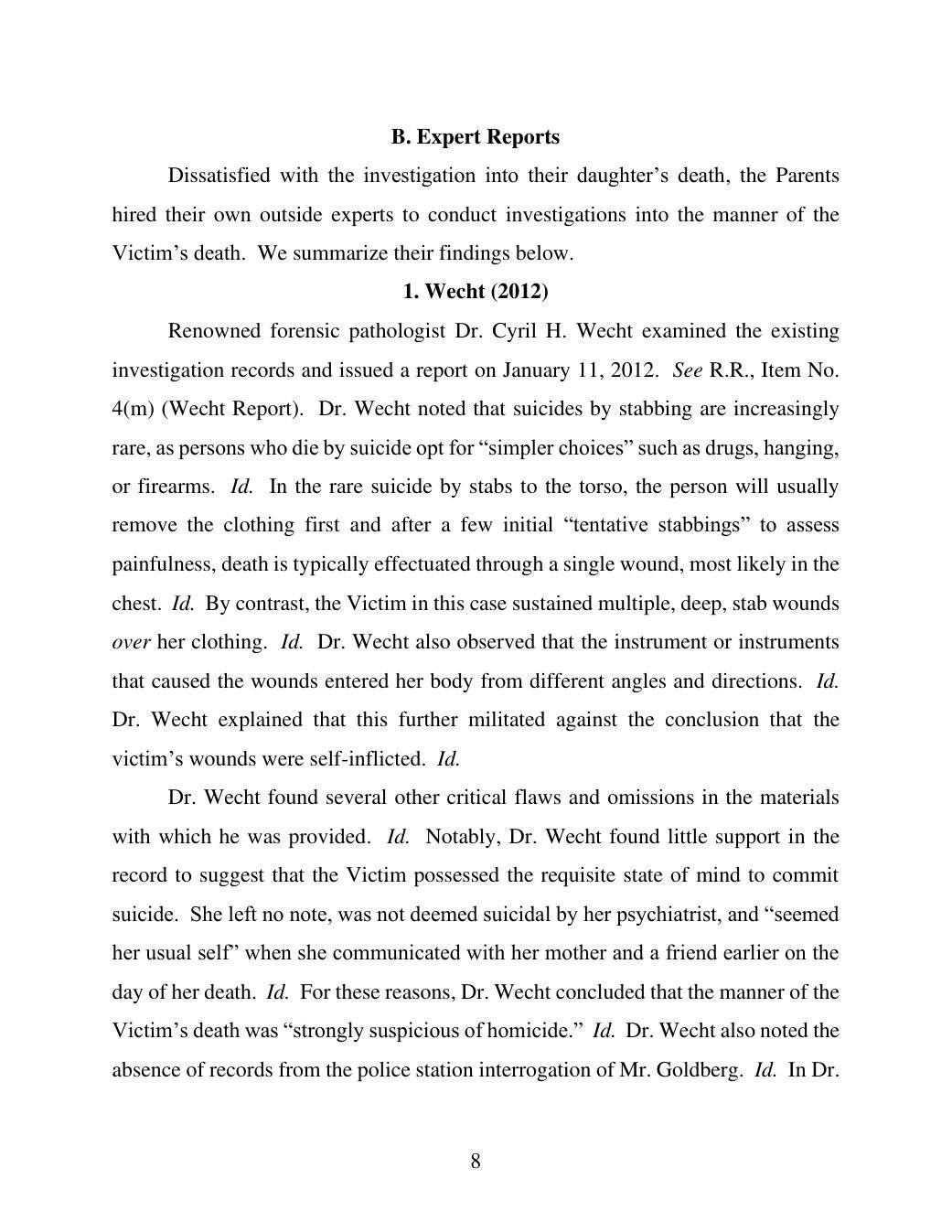Page 8 of the memorandum, summarizing Cyril Wecht’s 2012 report.