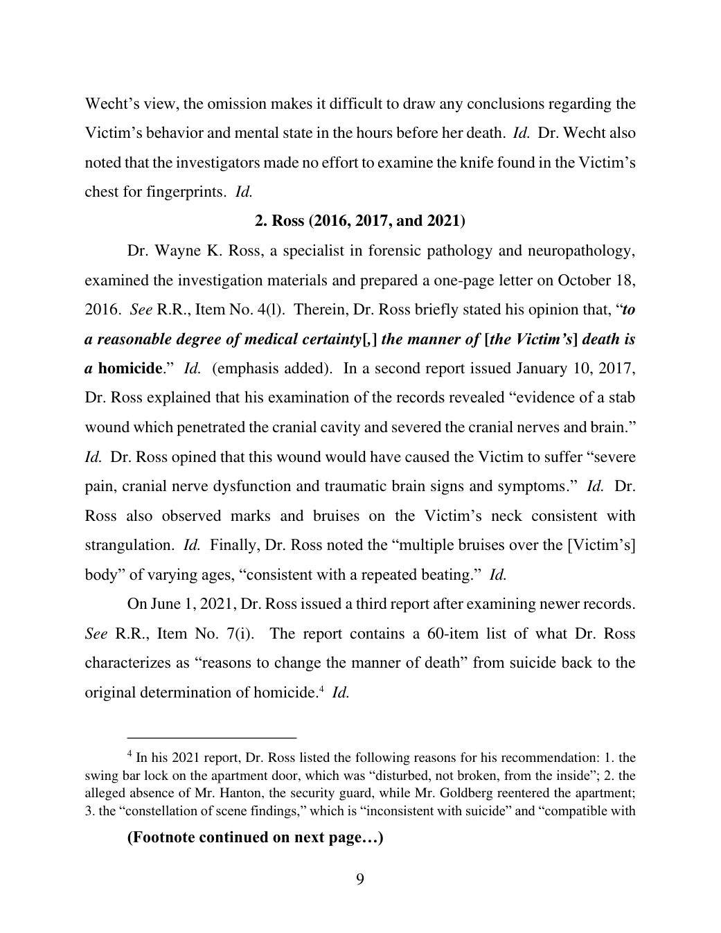 Page 9 of the memorandum, summarizing Wayne Ross’s reports.