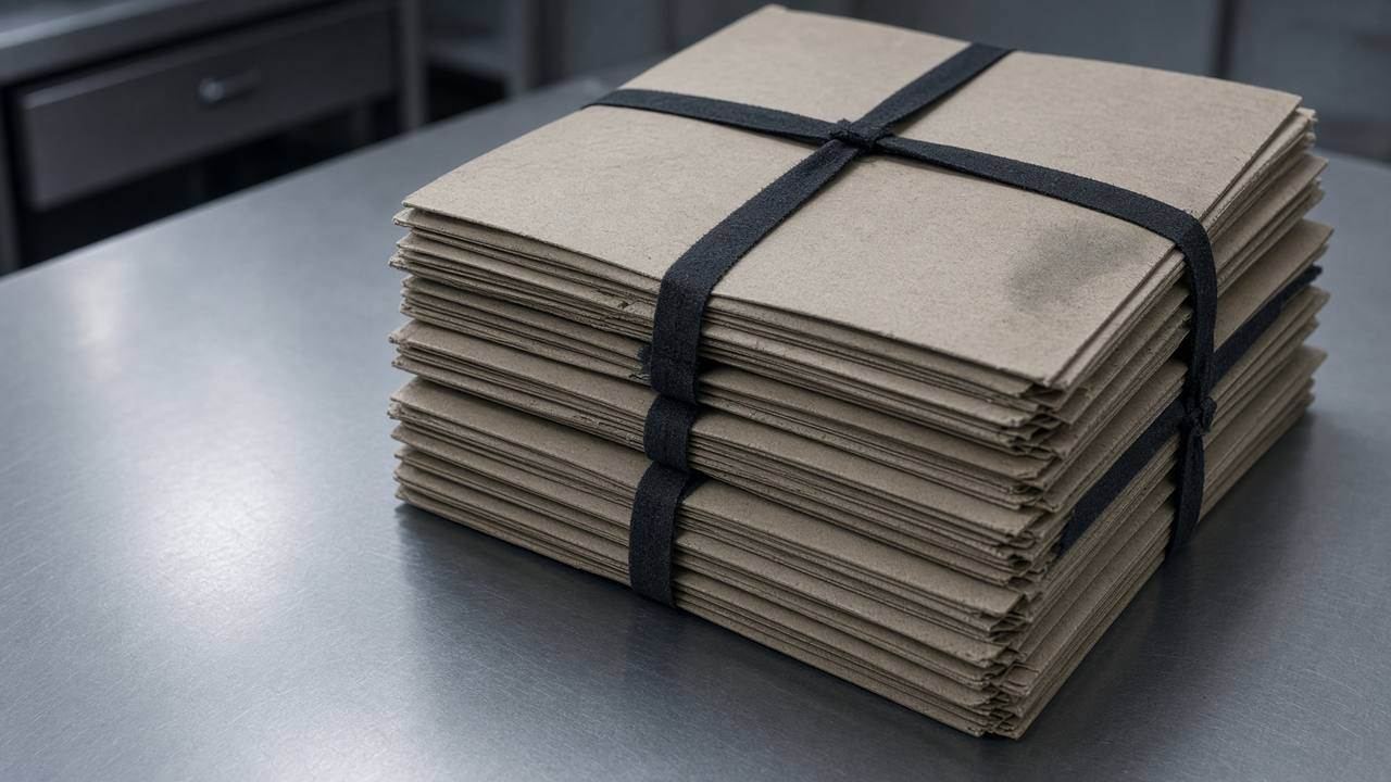 Closed folders tied with black tape on a steel table