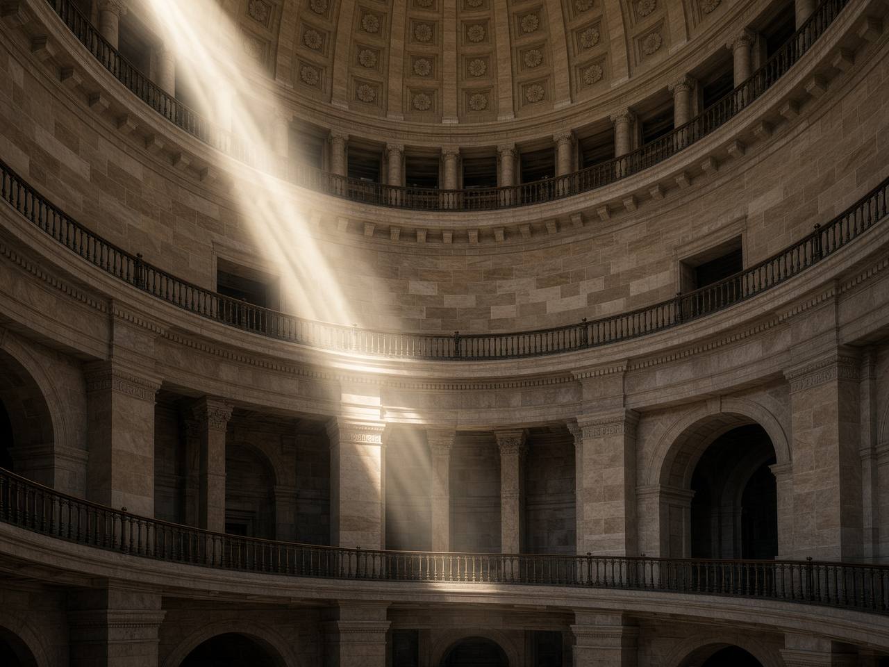 An empty stone hall under a dome, seen from the floor