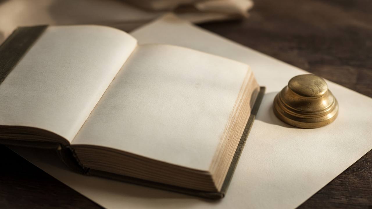 An open clothbound ledger and a brass paperweight