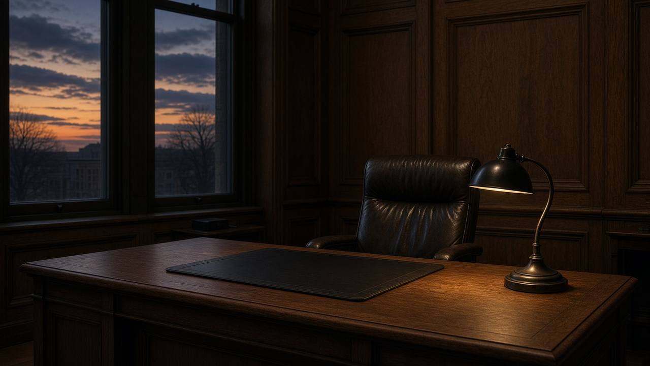 An empty office with a leather chair and a desk lamp