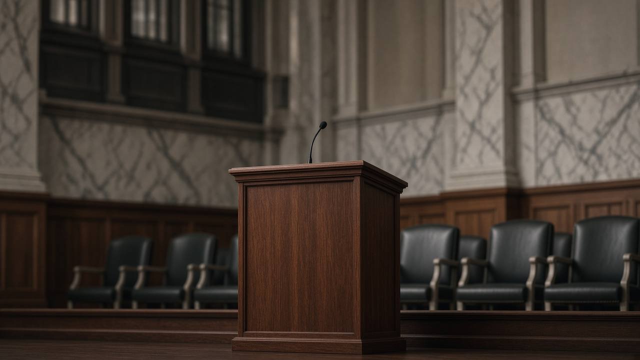An empty wooden podium in a hearing room