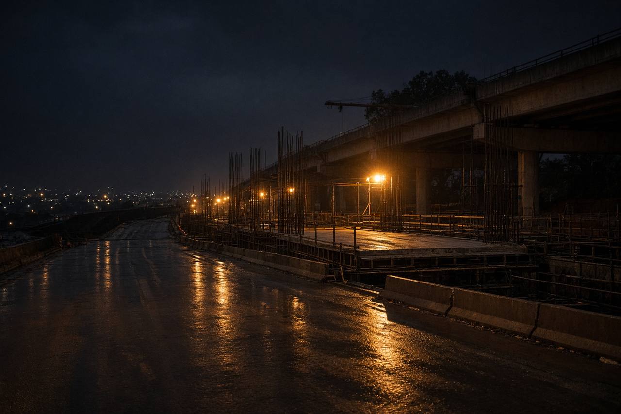Night roadwork under work lights, with no signs and no people