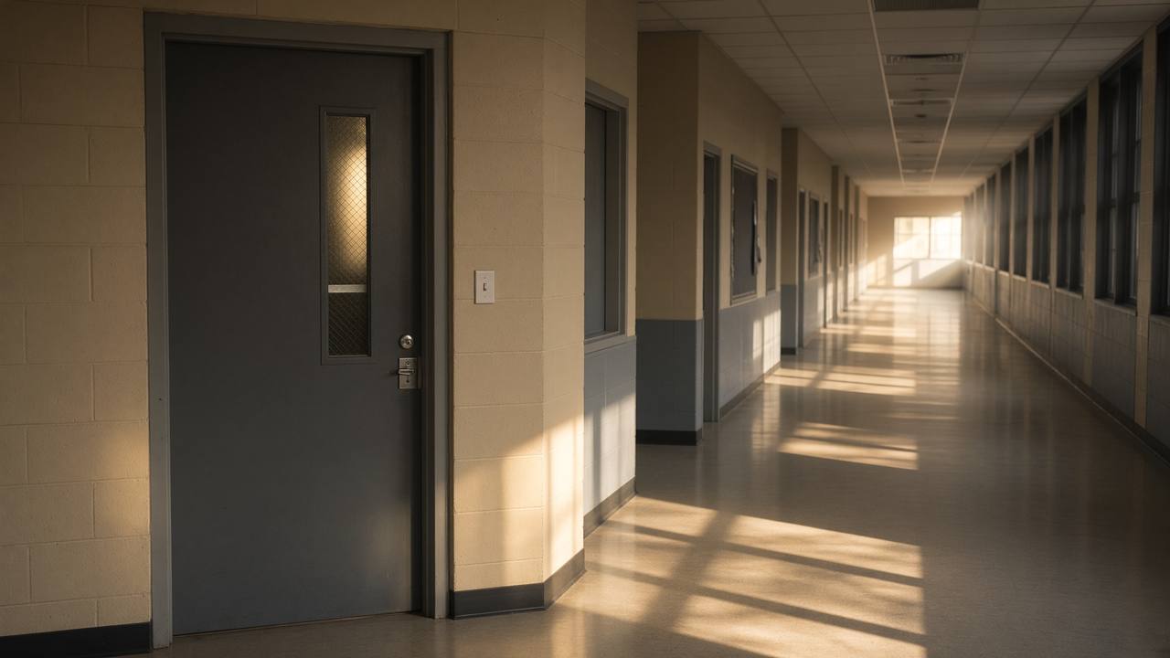 An empty school corridor and a closed classroom door